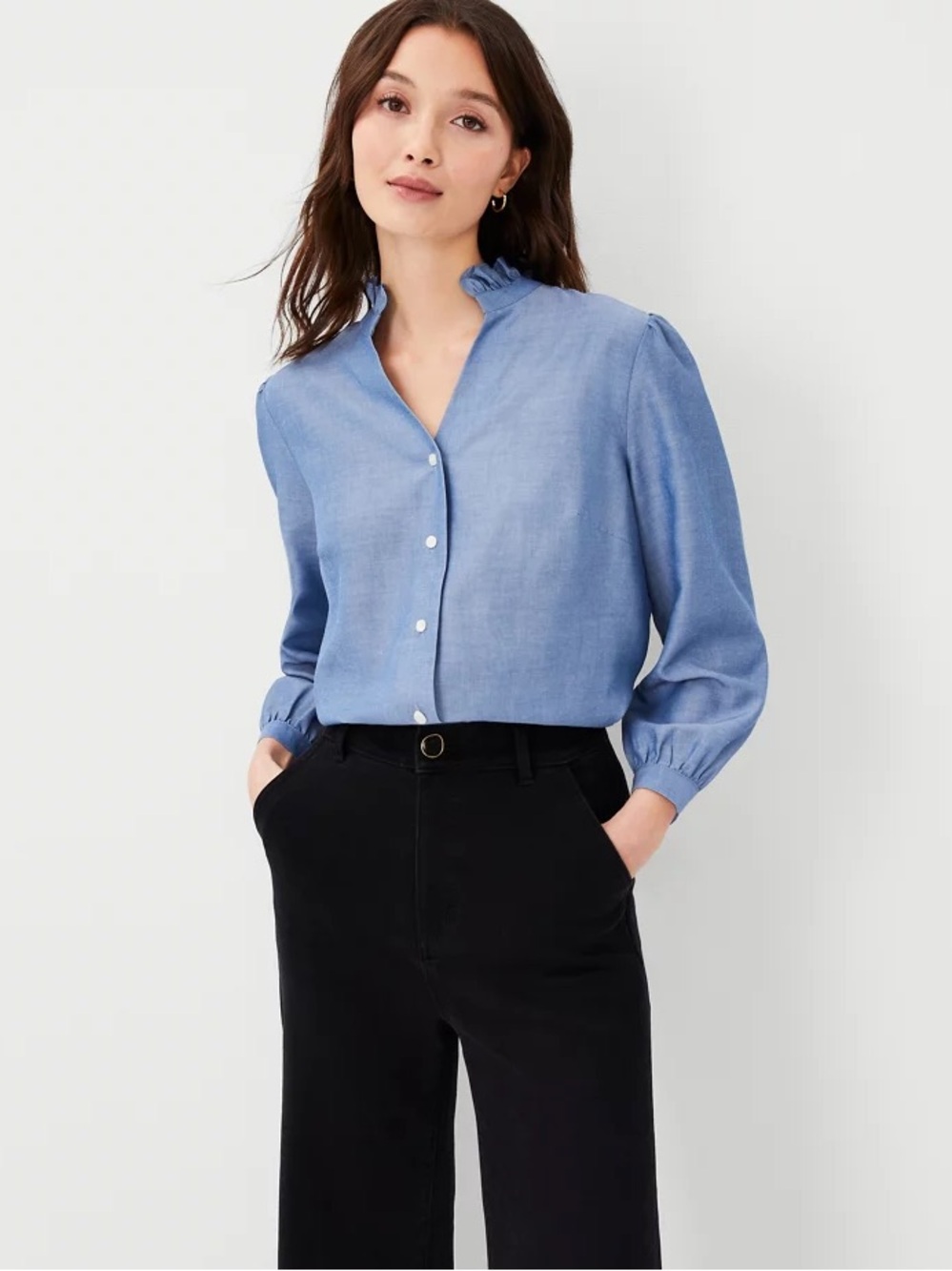 Ann Taylor Light Chambray Blue Ruffle Collar Button Front Blouse XS